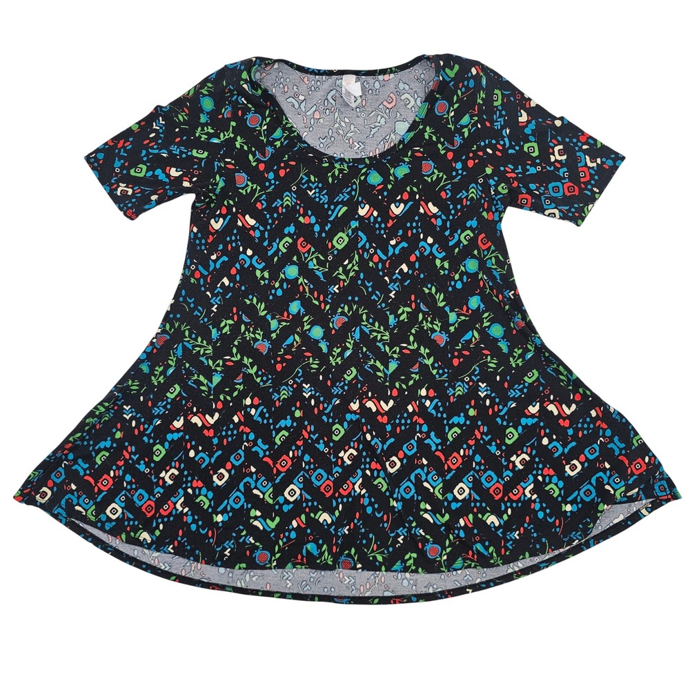 LuLaRoe Perfect T Top Womens XXS Black Multi Color Geometric Floral Short Sleeve